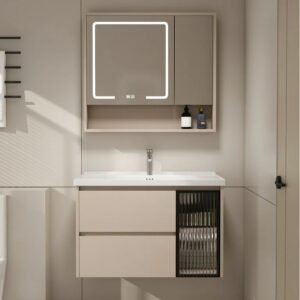 Bathroom Vanity with LED Mirror Cabinet & Ceramic Sink Set, 32''