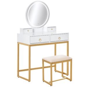 HOMCOM Makeup Vanity Desk with Round Mirror with 3-Color LED Light