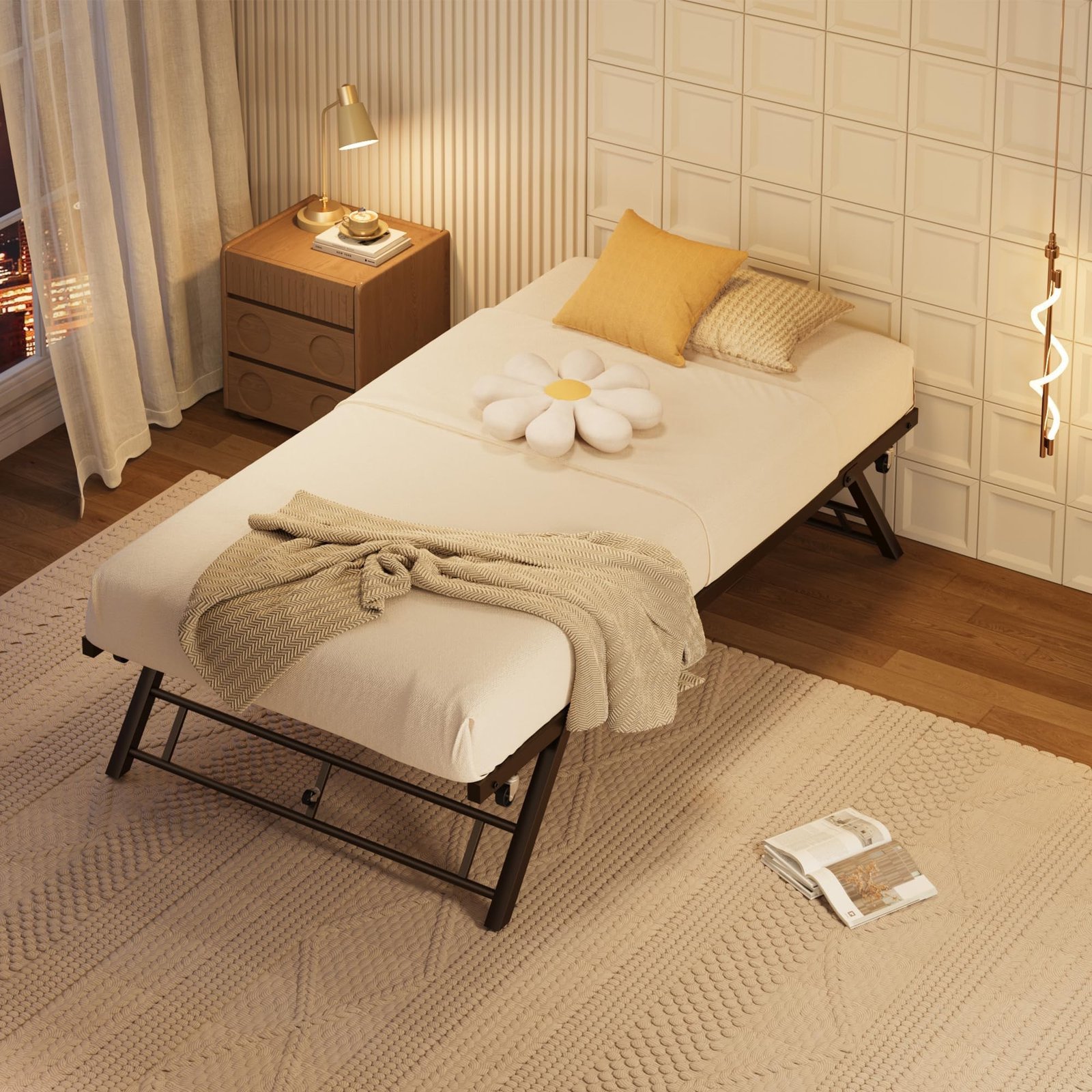 Twin Size Trundle Day Bed Frame with Lockable Casters