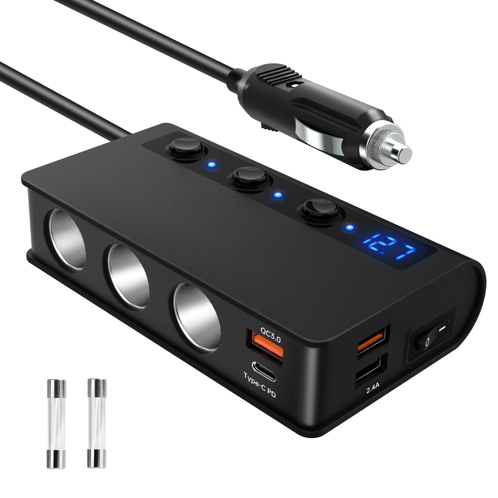 180W QC 3.0 Car Charger USB Multi-Socket Lighter