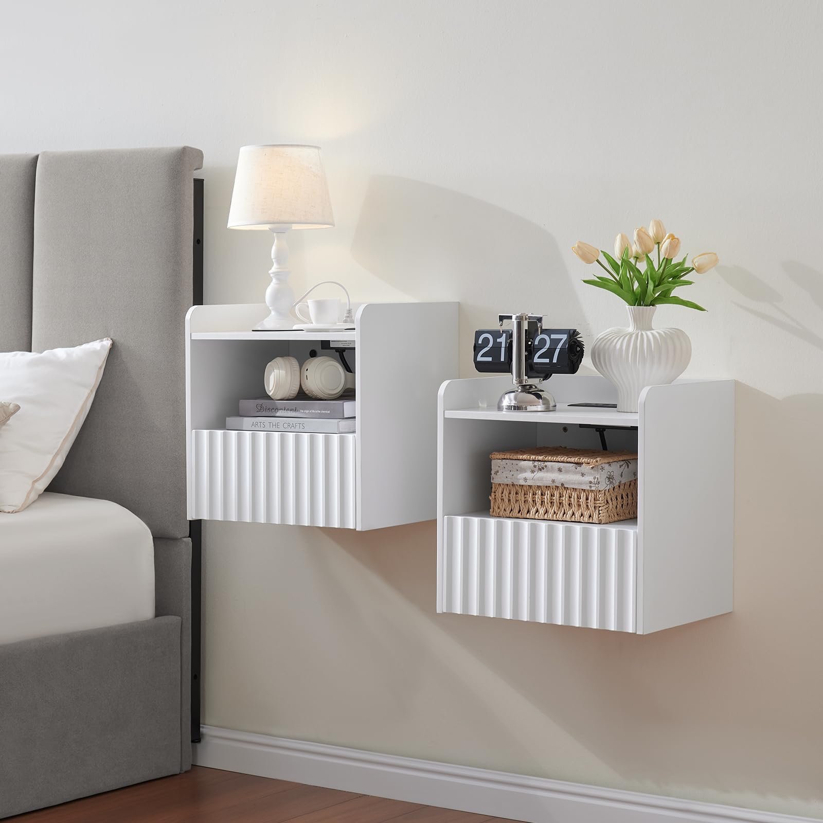 BuildHom Modern Fluted Floating Nightstand Bedside Table-2