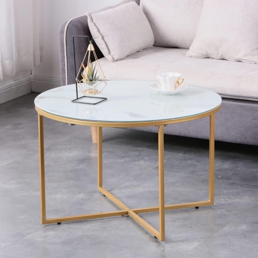 Round Glass Coffee Table with Black Metal Frame