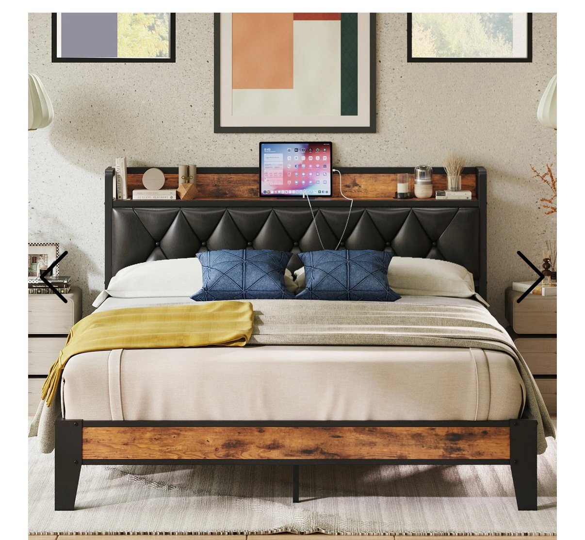 Queen Bed Frame, Storage Headboard with Outlets